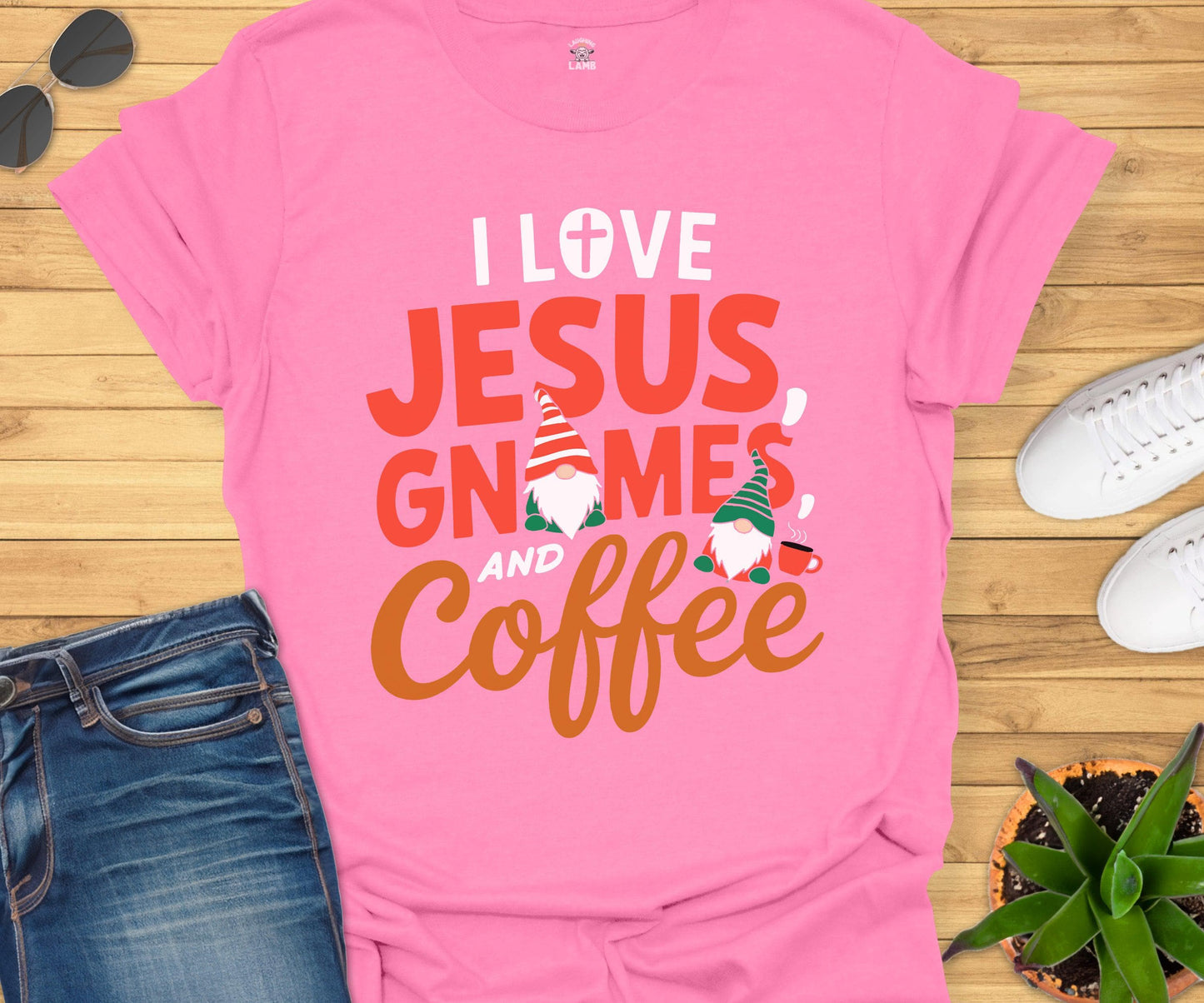 I Love Jesus, Gnomes And Coffee T-Shirt - Laughing Lamb