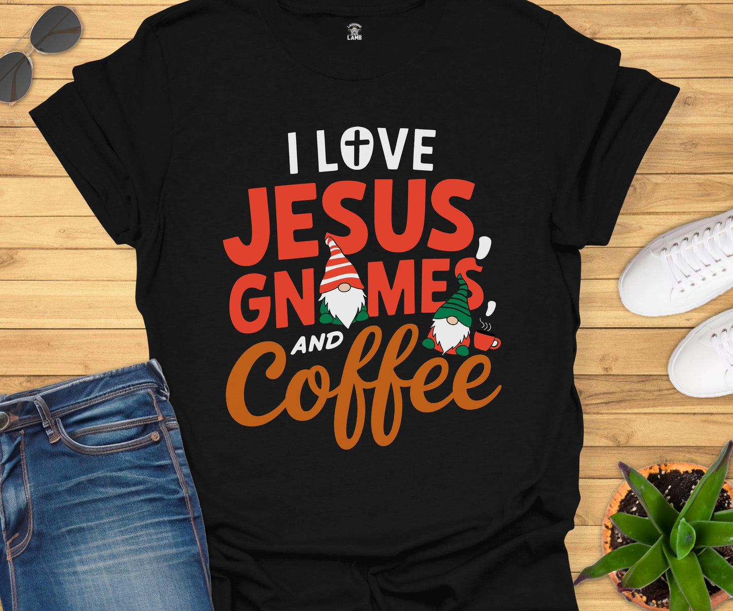 I Love Jesus, Gnomes And Coffee T-Shirt - Laughing Lamb