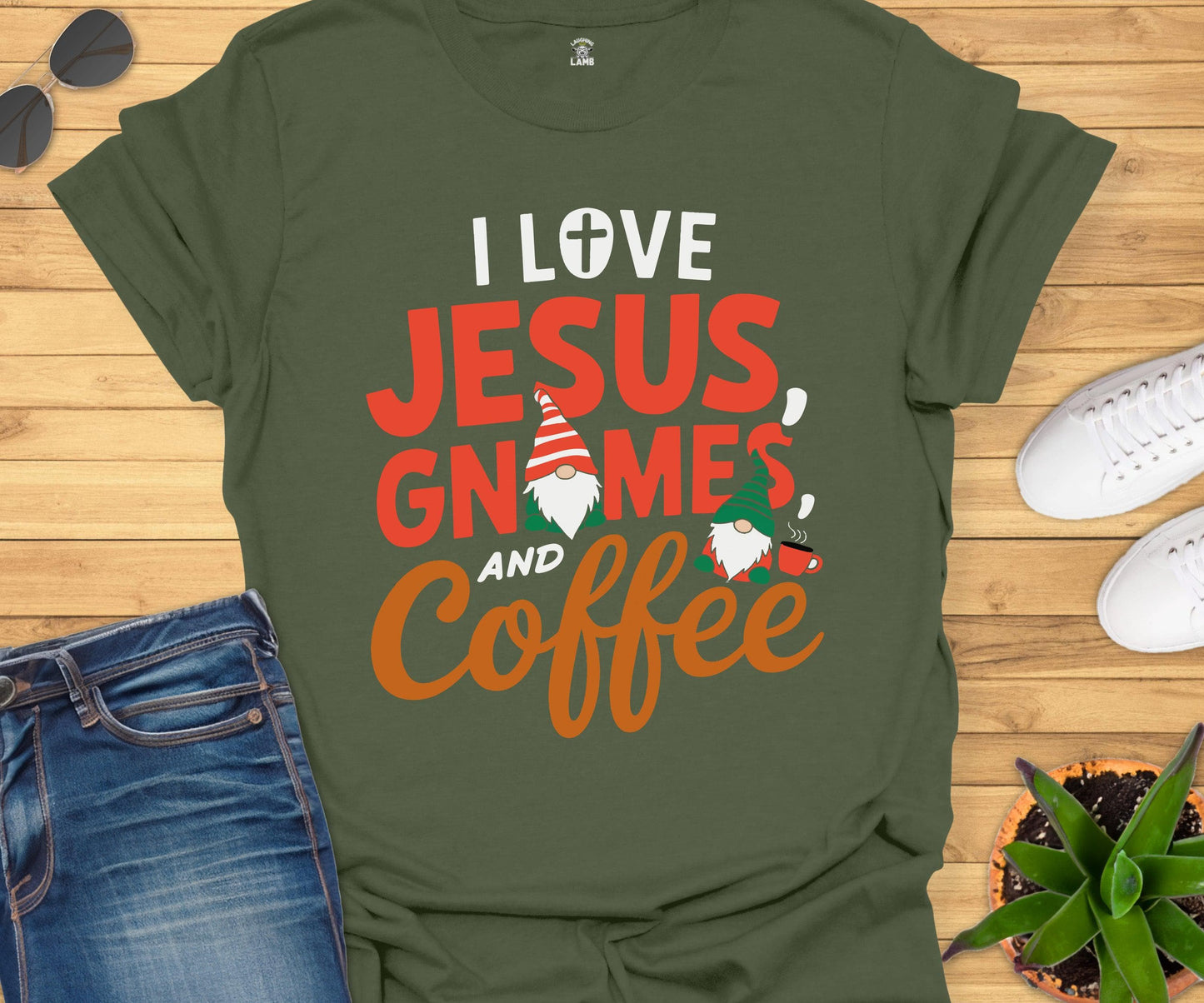 I Love Jesus, Gnomes And Coffee T-Shirt - Laughing Lamb