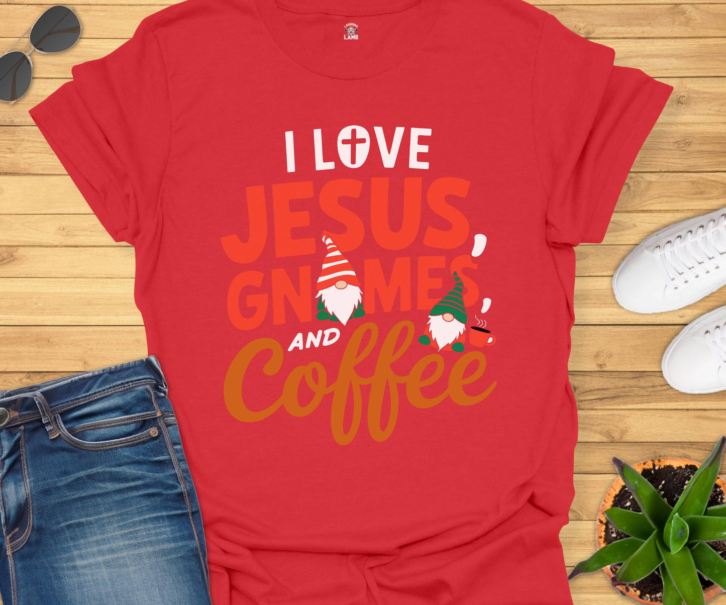 I Love Jesus, Gnomes And Coffee T-Shirt - Laughing Lamb