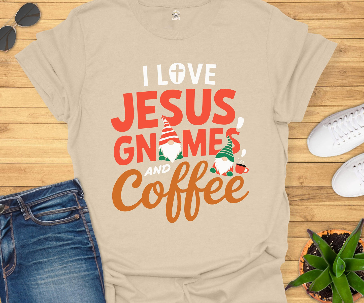 I Love Jesus, Gnomes And Coffee T-Shirt - Laughing Lamb