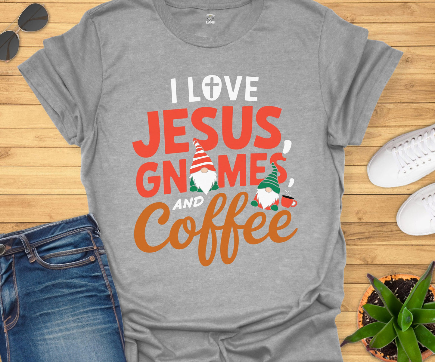 I Love Jesus, Gnomes And Coffee T-Shirt - Laughing Lamb